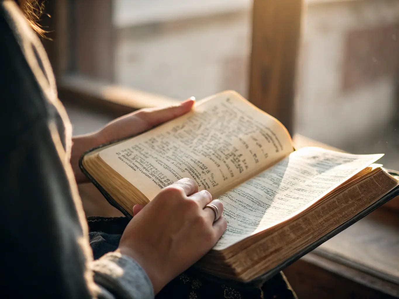 A close-up shot of a gloved hand carefully turning the pages of an ancient manuscript in a dimly lit library, emphasizing the care and expertise involved in handling rare books.