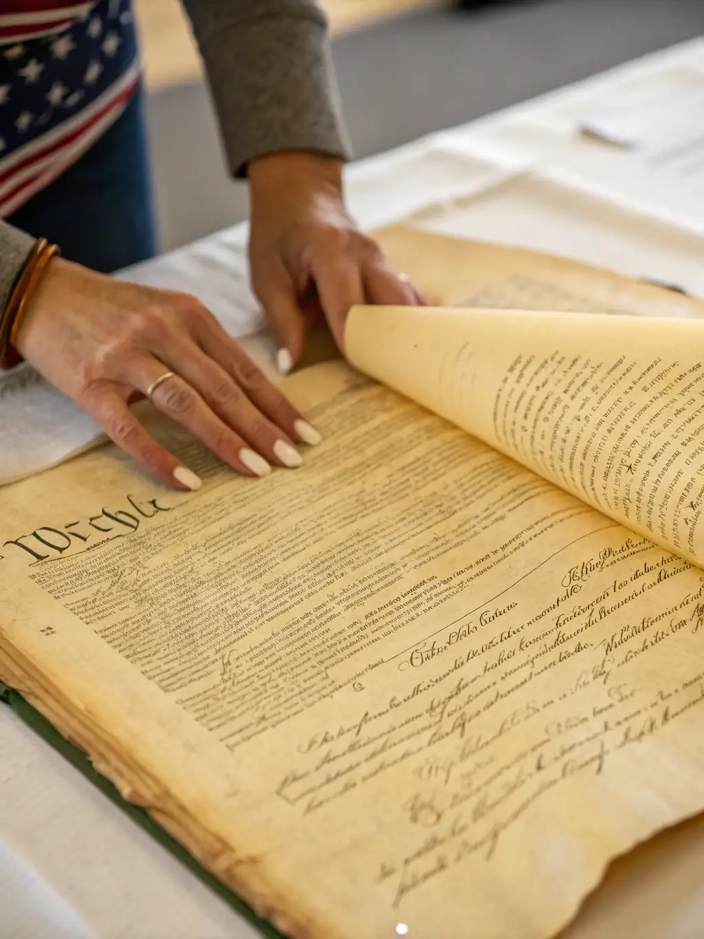 A close-up photograph of a gloved hand carefully turning the delicate pages of an ancient, leather-bound book, showcasing the meticulous care involved in handling rare books for sourcing.